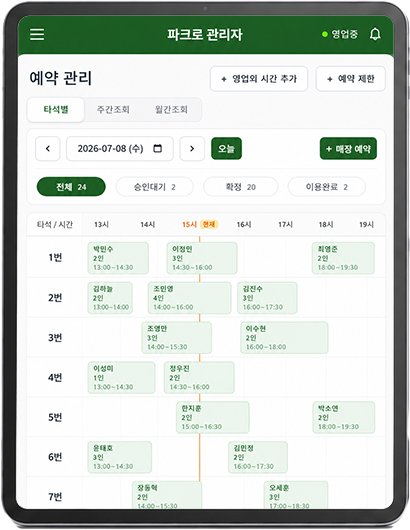 파크로 매장 관리 시스템 - 타석별 예약 관리 화면